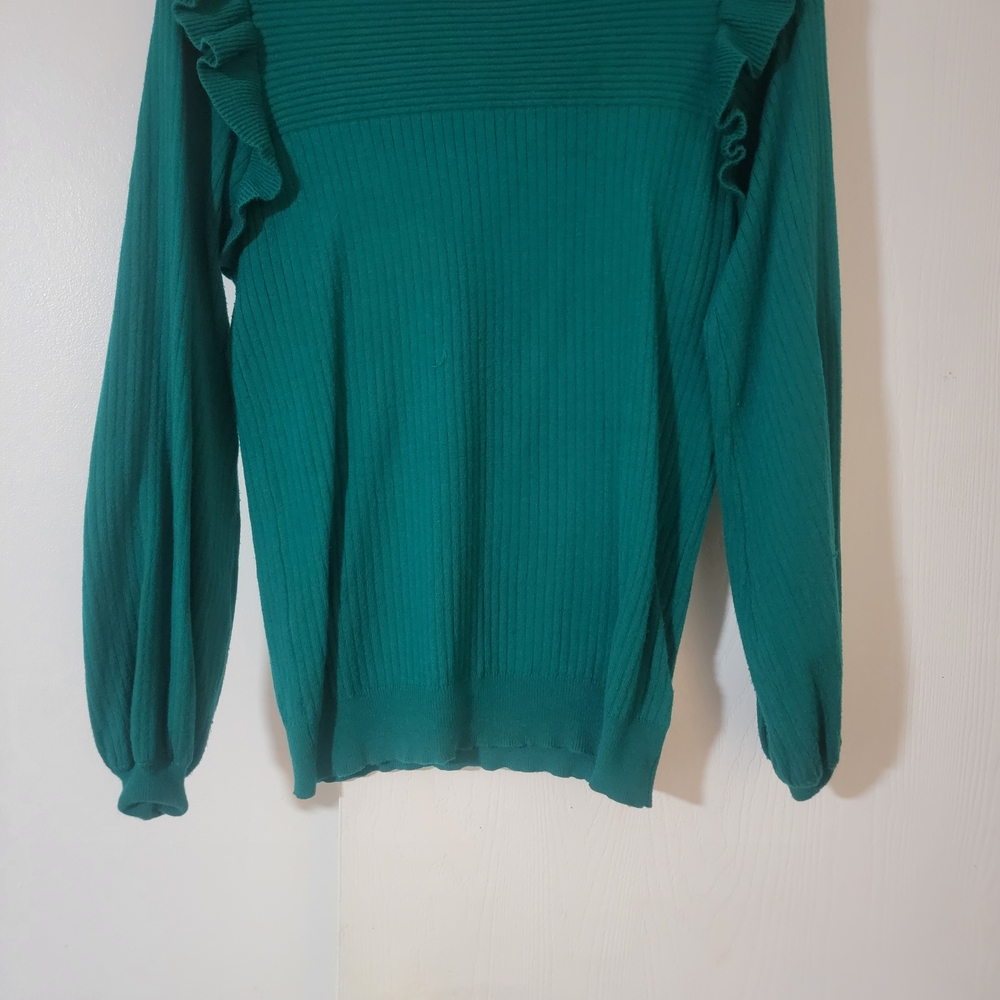 Teal Ribbed Sweater with Ruffle Details
